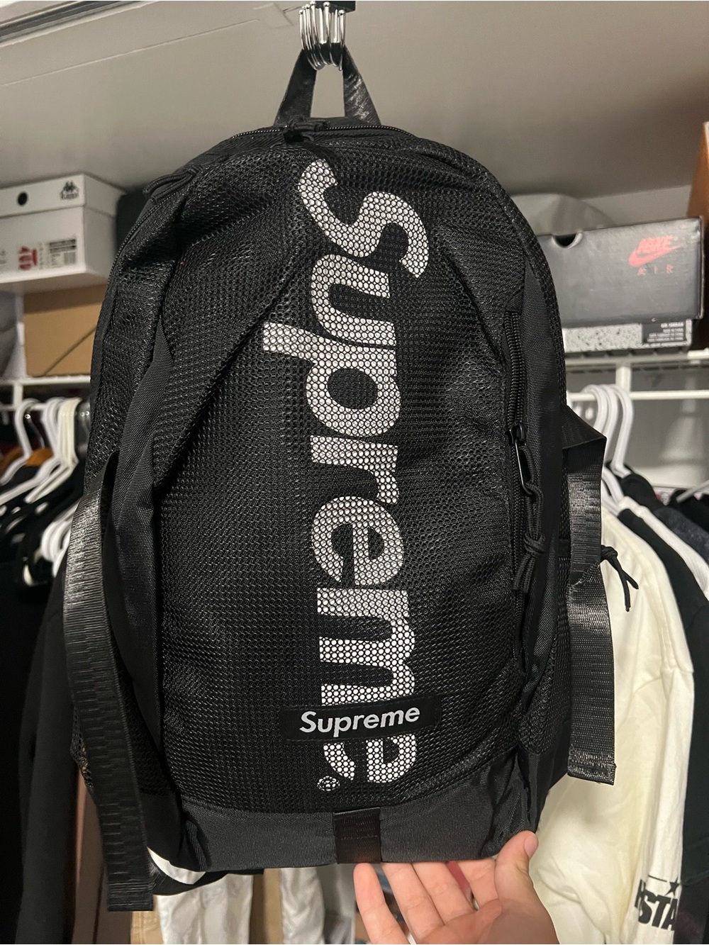 Supreme Black Mesh Vertical White Logo Backpack